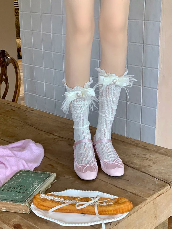 Fashion niche Japanese girl spring and summer thin lace medium tube fungus edge ostrich hair bow calf socks