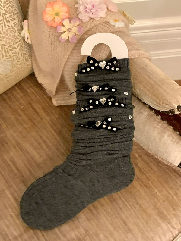 Fashion niche, luxury exaggerated rhinestone pearl bow thin vertical strip ballet calf socks knee socks