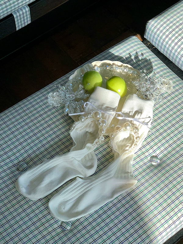 Fashion niche mid-tube socks hand-sewn heavy industry pearl hollow ins wind Japanese vertical strip cotton socks calf socks jk