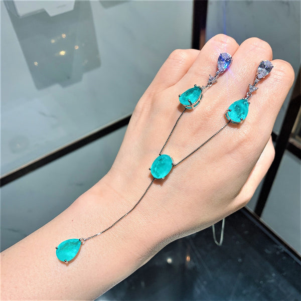 Simulated Caibao European and American imitation Paraiba earrings 10 * 14 pendant necklace 10 * 14 set