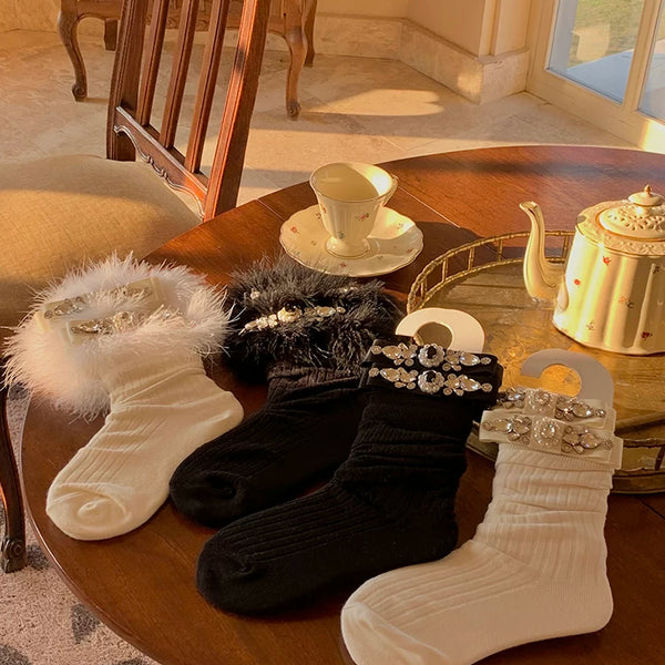 Fashion Niche Socks Full Diamond Hair Bow Medium Tube Socks Pure Desire Wind White Socks Christmas New Year Socks