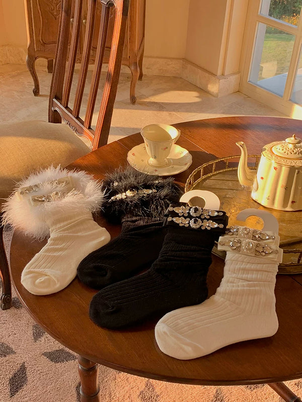 Fashion Niche Socks Full Diamond Hair Bow Medium Tube Socks Pure Desire Wind White Socks Christmas New Year Socks