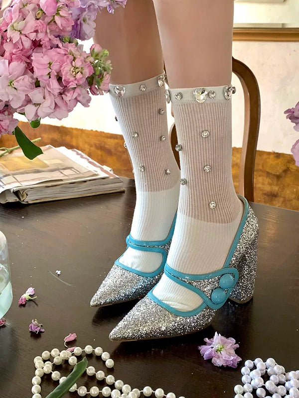 Fashion niche, handmade original luxury exaggerated rhinestone thin vertical strip ballet calf socks middle tube