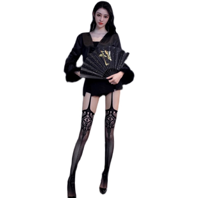 Spice girls sexy jacquard high tube suspenders beautiful legs plastic mesh socks women's photo concave lace stockings