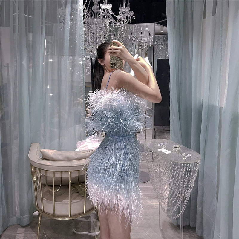 Thousand gold sense of design white swan birthday party heavy industry feather ostrich feather accessible luxury evening dress dress