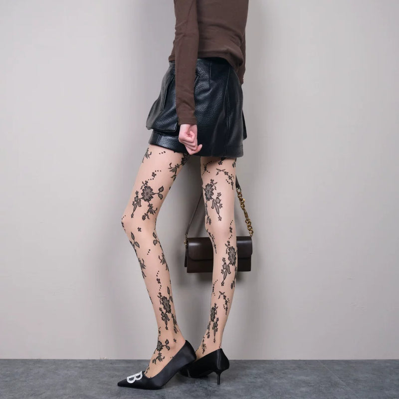 Any wearing base color should be confident~ flower jacquard stockings mature sexy skin tone leggings