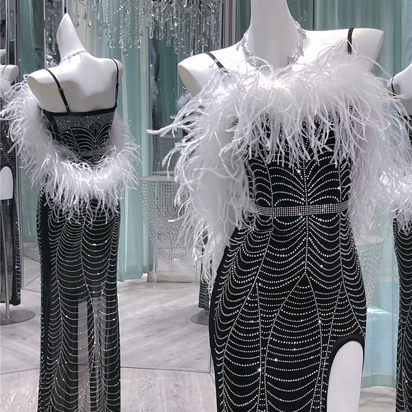 Full Body Hot Diamond Luxury Heavy Industry Ostrich Feather Feather, Extravagant Evening Dress Birthday Dress