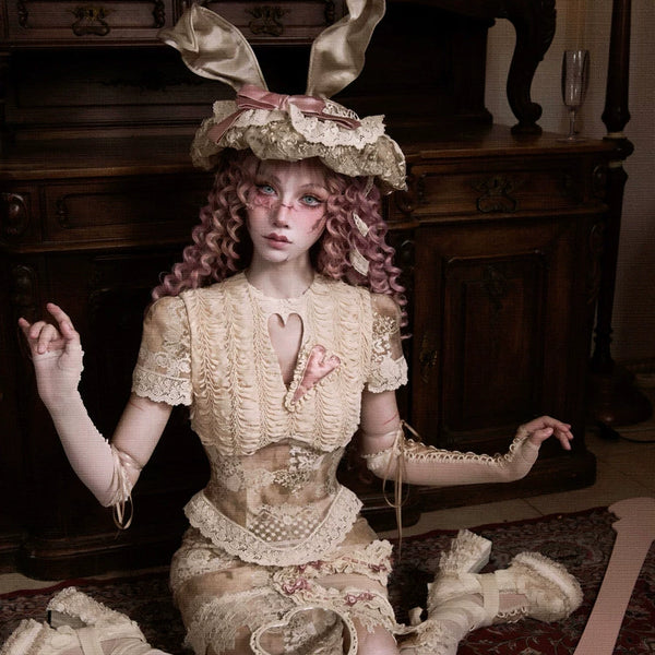 Crew Neck Hollow Elegant Love Vintage Short Lace Top Christmas Halloween Top