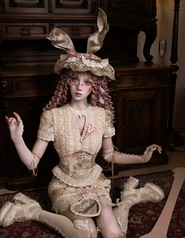 Crew Neck Hollow Elegant Love Vintage Short Lace Top Christmas Halloween Top