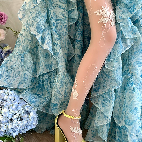 Fashion niche tassel three-dimensional sweet lace pearl handmade socks one-piece socks white bridal wire stockings