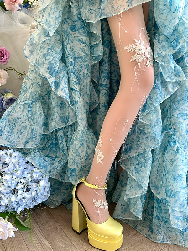 Fashion niche tassel three-dimensional sweet lace pearl handmade socks one-piece socks white bridal wire stockings