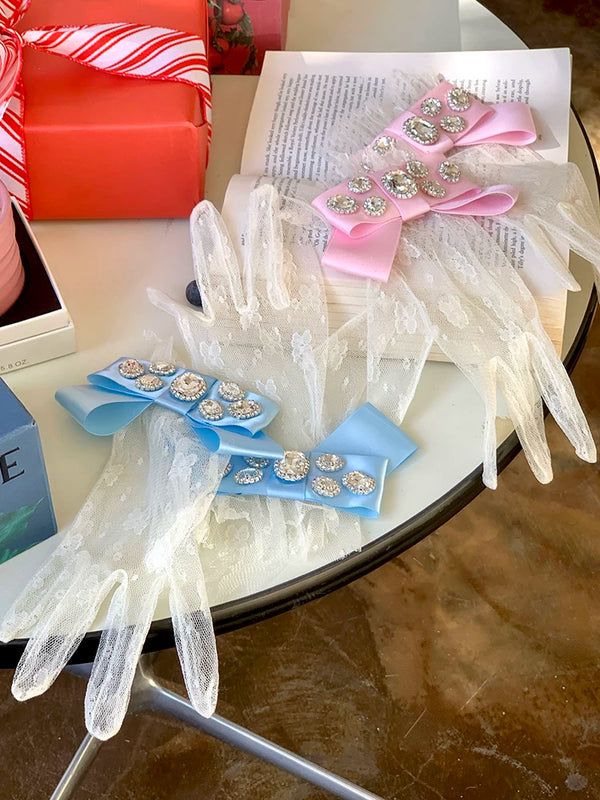 Fashion Niche Spring Summer Palace Gorgeous Textured Glossy Ribbon Inlaid Gemstone Lace Velvet Jewelry Gloves