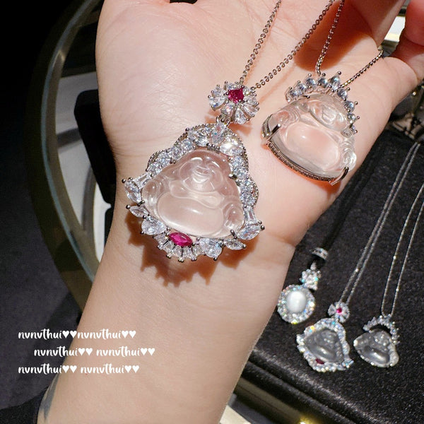 Litchi frozen white jade petal Buddha pendant necklace, new Chinese style ice transparent water foam jade Maitreya Buddha necklace
