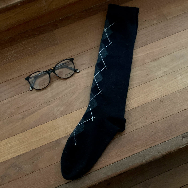 Fashion Academy Rhombus Knee Calf Socks Elegant Retro Thousand Gold Contrast Pile Socks