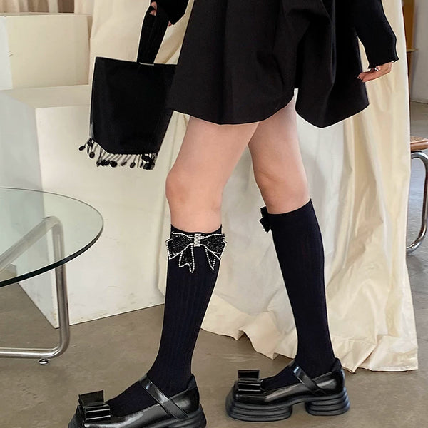 Fashion original niche design handmade bow rhinestone versatile black double needle medium high tube sweet beautiful women socks