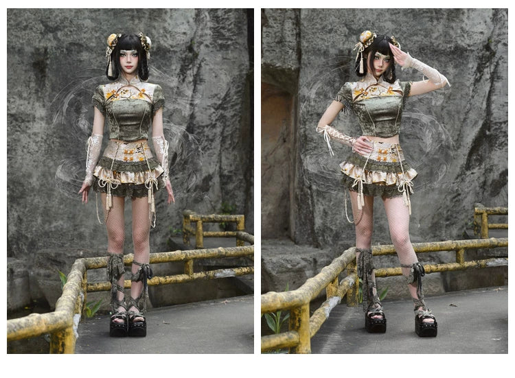 New chinoiserie jacquard snake print slimming tassel short sleeve cheongsam tops christmas halloween