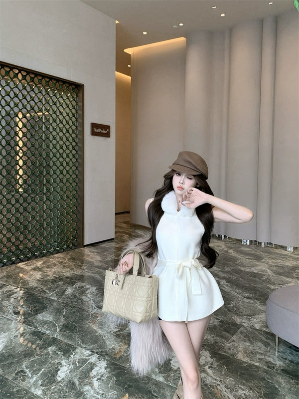 Milk white fur collar sleeveless knitted vest women's spring design waist strap temperament cardigan top