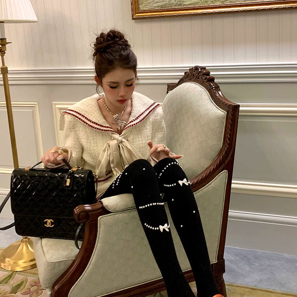 Fashion niche design pearl necklace Japanese jk white pantyhose women's milk white leggings