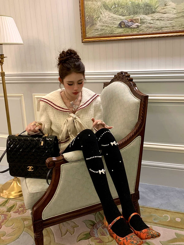 Fashion niche design pearl necklace Japanese jk white pantyhose women's milk white leggings