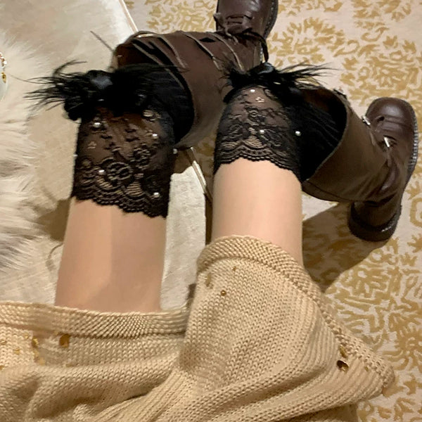 Fashion Autumn and Winter Knee Calf Lace Bow Stacking Socks Pure Desire Wind Royal Sister Knight Boots Socks