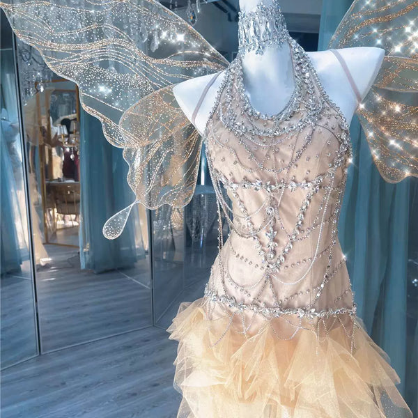 Heavy industry rhinestone fringed mesh slightly transparent irregular skirt court evening dress