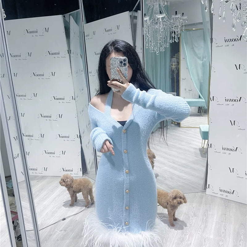 Original design baby blue mohair long-sleeved elastic knitted dress ostrich hair dress