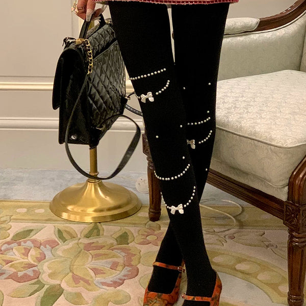 Fashion niche design pearl necklace Japanese jk white pantyhose women's milk white leggings