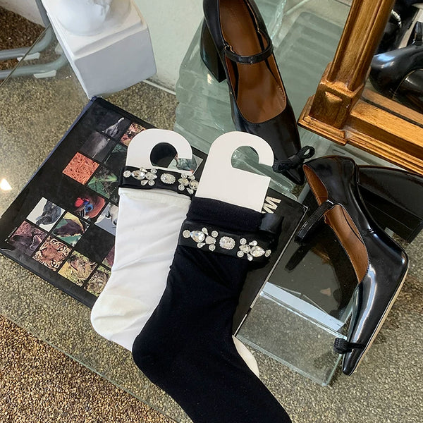 Fashion niche socks full diamond bow socks pearlescent glass socks thin pure desire wind white socks