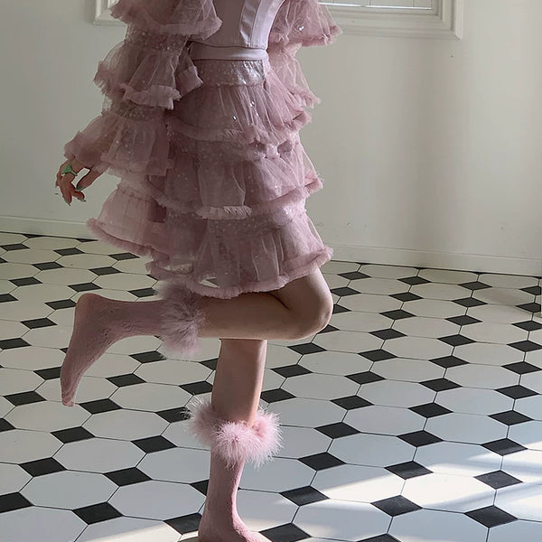 Fashion original niche design, autumn feather lace tube socks sexy Lolita college style stockings