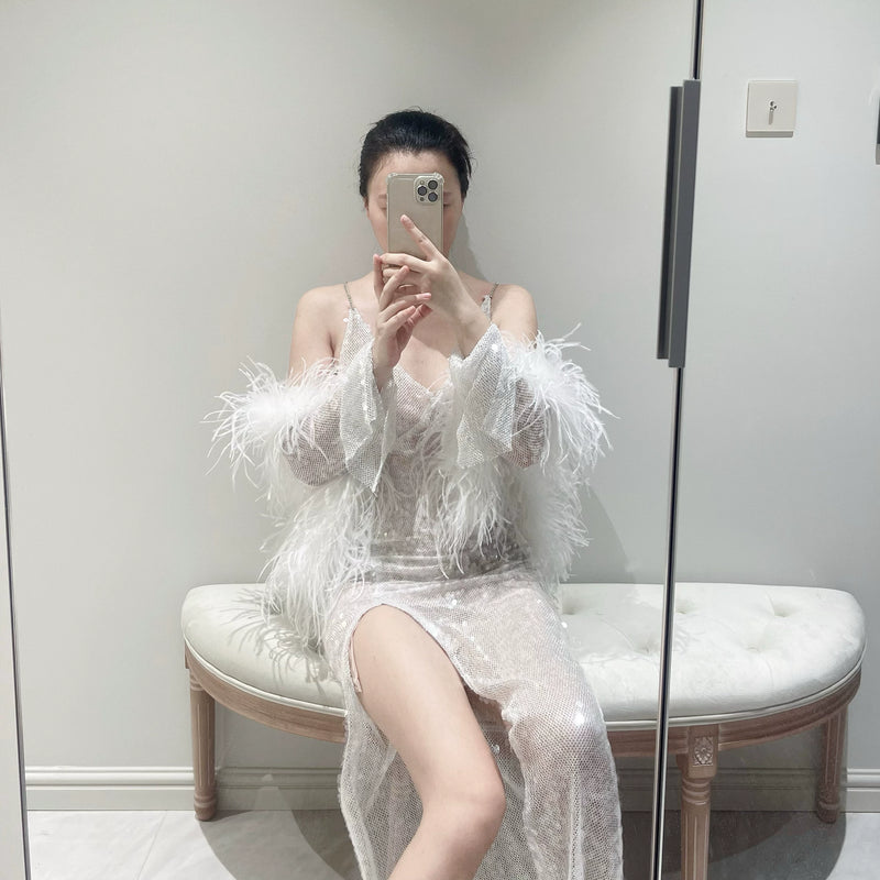 Muse Micro Transparent Crystal Sequins Ostrich Hair Sleeves High Slits Long Skirt Set Light Wedding Dress Skirt