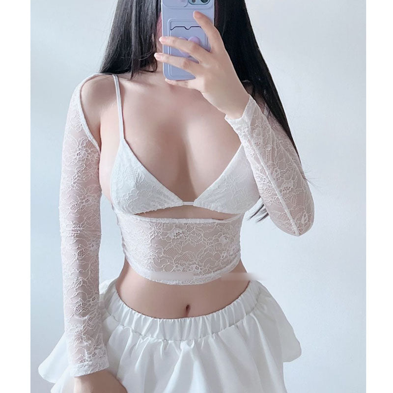 Pure Desire Sexy Perspective Lace Hanging Neck Strap Long Sleeve Top Female Spicy Girl Slimming Bag Hip Short Skirt Fashion Set