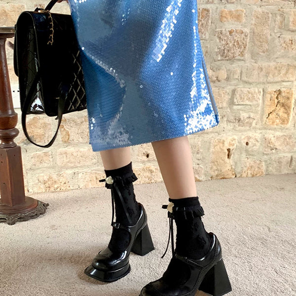 Fashion niche Yu Shuxin same bow tube socks lace thin bow Lolita style