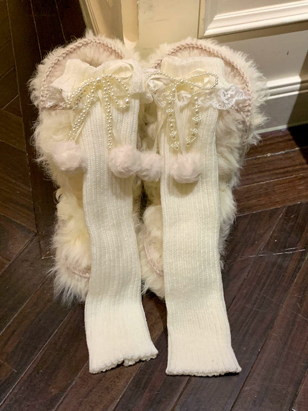 Fashion Coffee Hairball Leg Cover Female Pearl Bow Lace Stacking Socks Stacked Calf Socks Cover