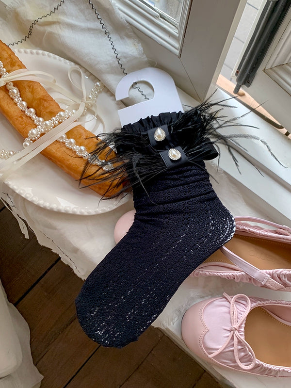 Fashion niche Japanese girl spring and summer thin lace medium tube fungus edge ostrich hair bow calf socks