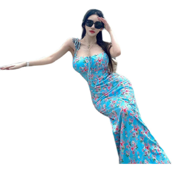 Pure desire girl sweet vacation neck suspender long dress floral color age reduction Spice girl cut men fashion dress summer
