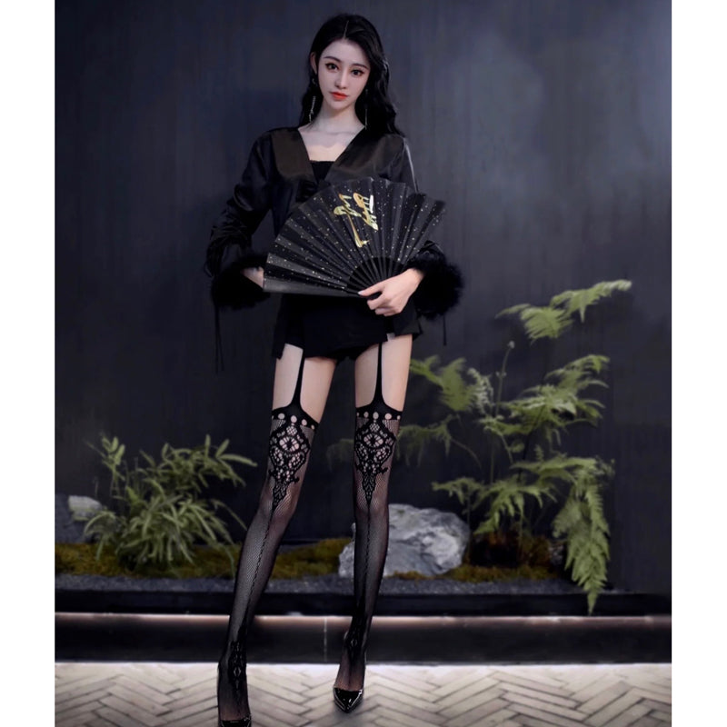 Spice girls sexy jacquard high tube suspenders beautiful legs plastic mesh socks women's photo concave lace stockings