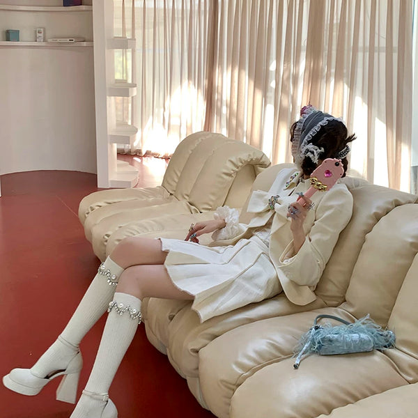 Fashion White Calf Socks Dongdaemun Stacked Socks Rhinestone Pearl Socks Grey Stacking Socks Girls