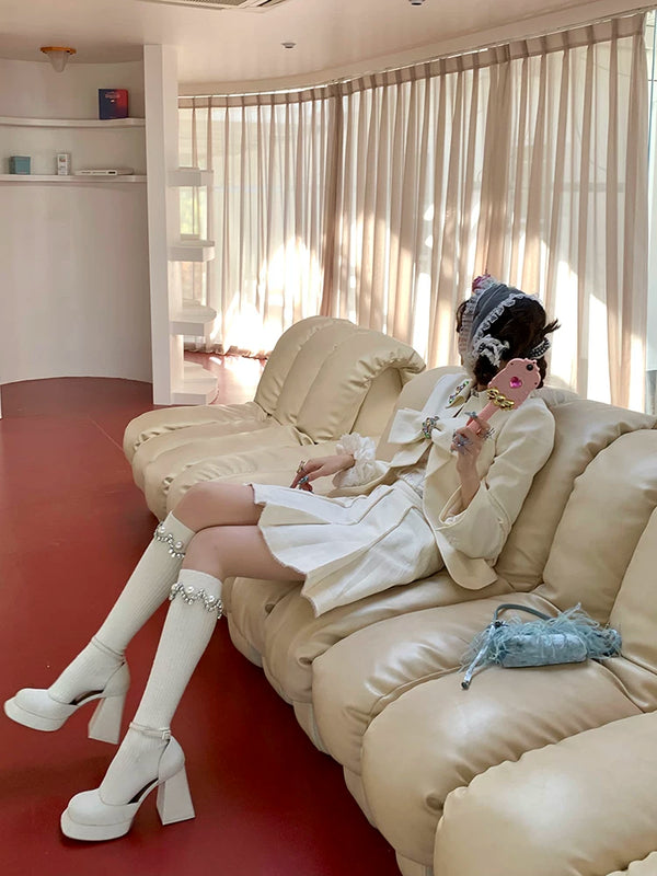 Fashion White Calf Socks Dongdaemun Stacked Socks Rhinestone Pearl Socks Grey Stacking Socks Girls