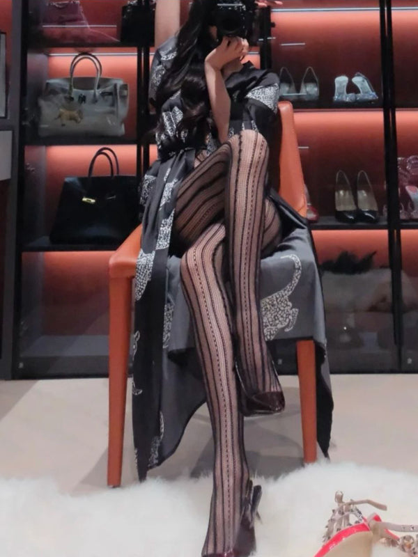 Sexy hot girl hollow striped pantyhose niche design slimming black stockings base socks mesh socks