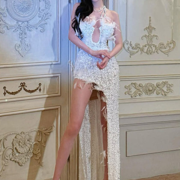 Ladies and daughters' birthday party, strapless heavy industry, full diamond pearl strapless high slit feather evening dress, long skirt