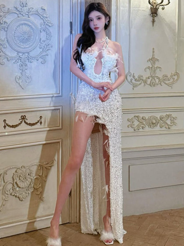Ladies and daughters' birthday party, strapless heavy industry, full diamond pearl strapless high slit feather evening dress, long skirt