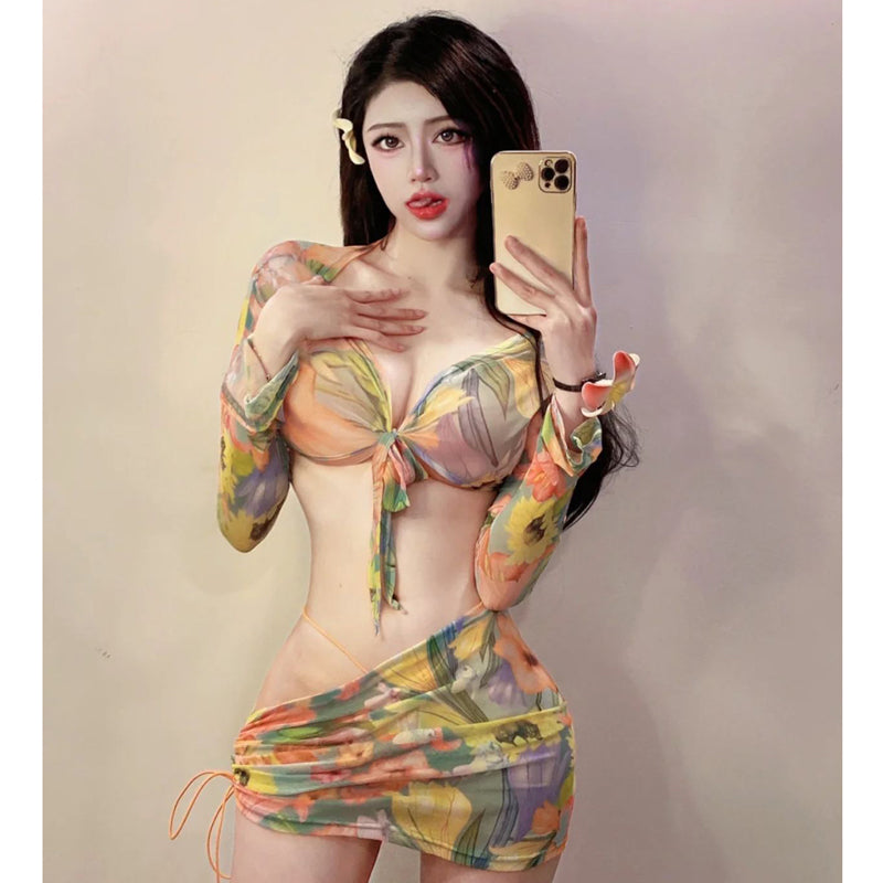 Girl age reduction sweet sexy print mesh triangle bikini suit gathering skirt cut men's swimsuit suit