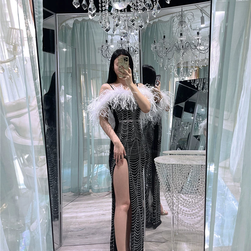 Full Body Hot Diamond Luxury Heavy Industry Ostrich Feather Feather, Extravagant Evening Dress Birthday Dress