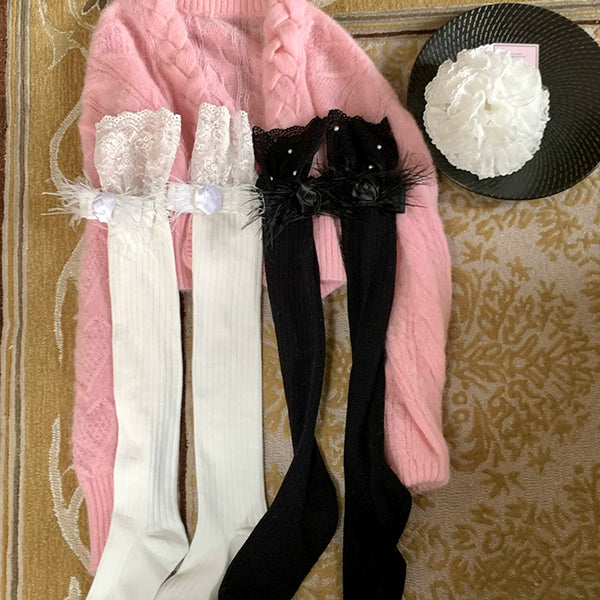 Fashion Autumn and Winter Knee Calf Lace Bow Stacking Socks Pure Desire Wind Royal Sister Knight Boots Socks