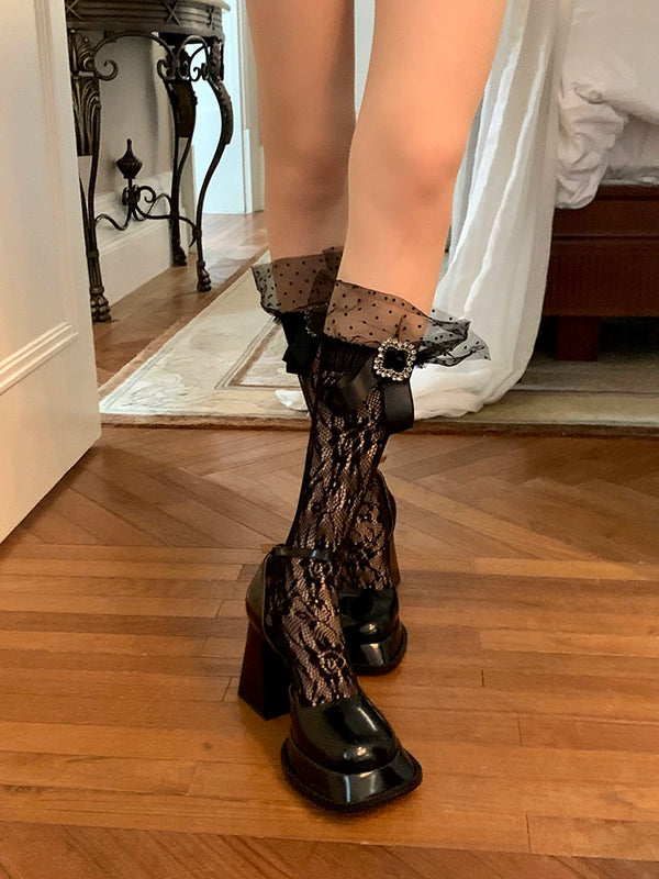 Fashion niche Japanese college style lace lace knee socks women's rhinestone elastic long tube calf net socks