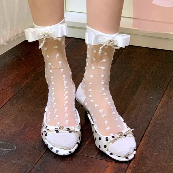 Fashion niche design pearl bow breathable jacquard socks versatile medium tube sweet beautiful women socks stacking socks