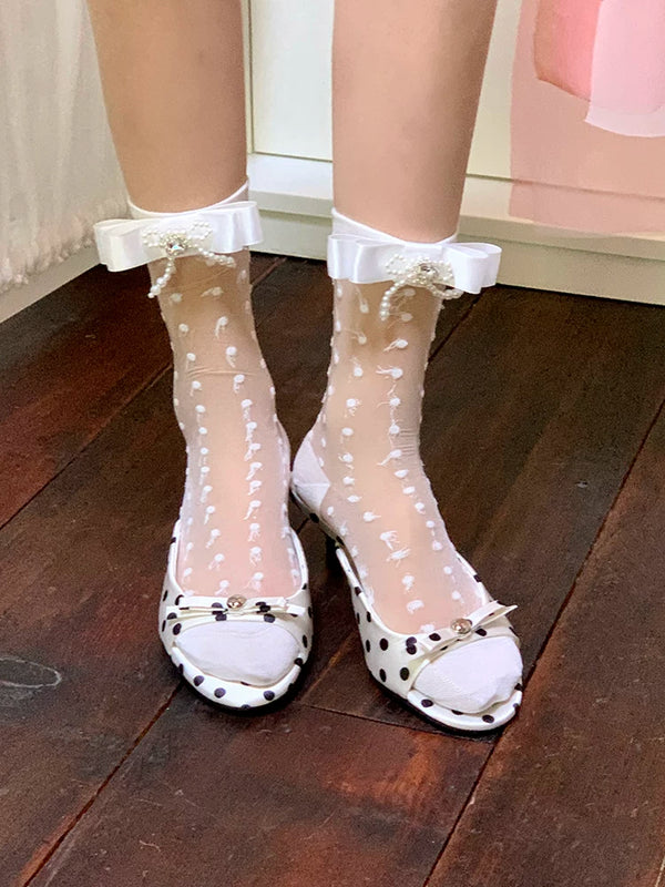 Fashion niche design pearl bow breathable jacquard socks versatile medium tube sweet beautiful women socks stacking socks