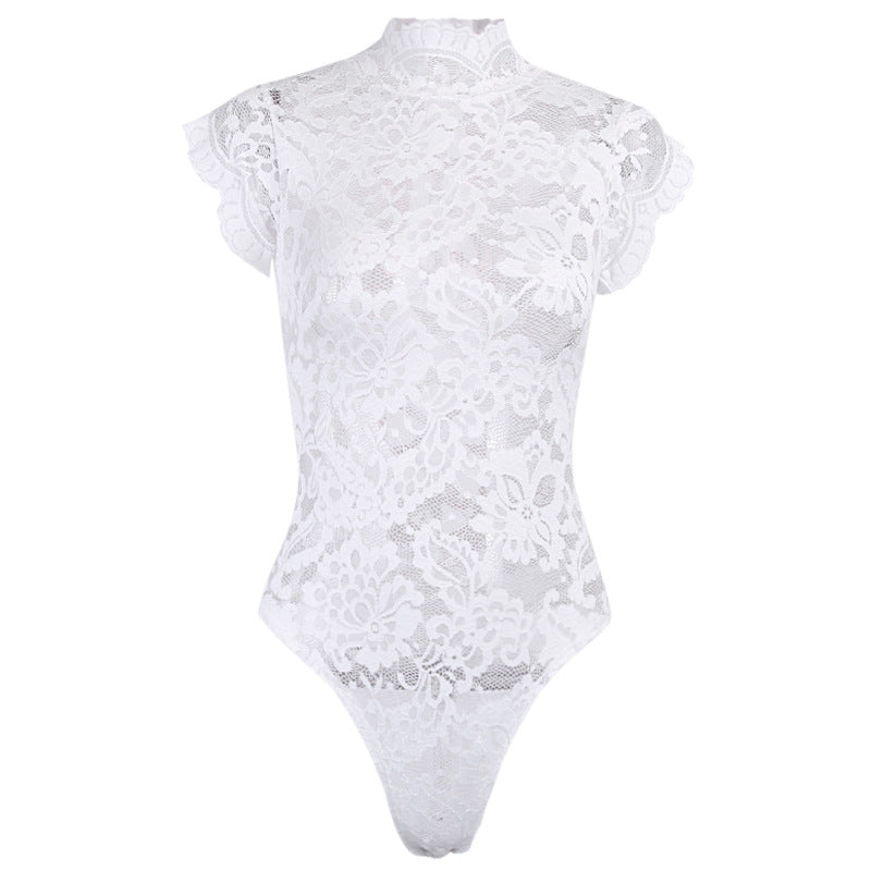 Niche design French pure desire white lace perspective primer one-piece vest sexy backless strap top women