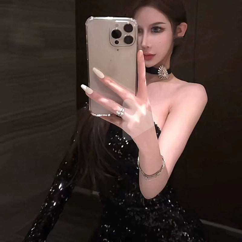 Elegant sexy one shoulder long sleeves sequin hot girl hip dress furry patchwork little black dress birthday party dress