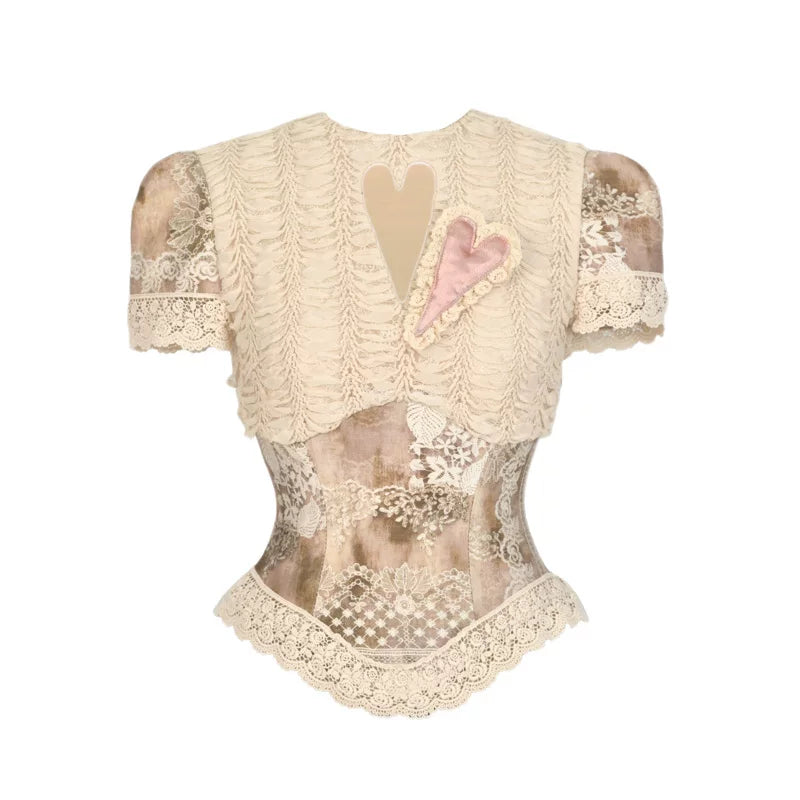 Crew Neck Hollow Elegant Love Vintage Short Lace Top Christmas Halloween Top